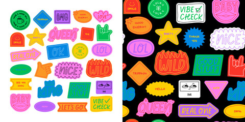 Fun colorful sticker set. Retro 90s style hand drawn doodle quote label background illustration. Funny chat text icon wallpaper print with modern slang words. Surface texture design.