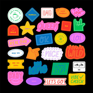 Naklejki Set of fun colorful sticker illustration. Retro 90s style hand drawn doodle quote label collection, funny chat text icon with modern slang and positive words. Isolated flat cartoon clip art bundle.