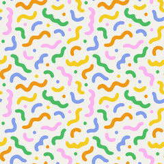 Fun colorful line doodle seamless pattern. Creative abstract style art symbol background for children or celebration design with basic shapes. Simple childish scribble wallpaper print.