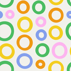 Fototapeta premium Fun colorful circle doodle seamless pattern. Creative minimalist style art background for children or trendy design with polka dot. Simple childish party backdrop.