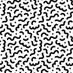 Fun black and white abstract line doodle seamless pattern. Creative minimalist style art background for children or trendy design with basic shapes. Simple childish scribble backdrop.
