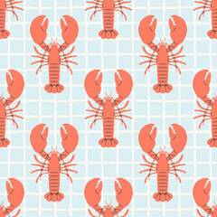 Hand drawn vintage lobster sea food seamless pattern. Marine animal background illustration with crawfish, restaurant cooking ingredient wallpaper texture print.