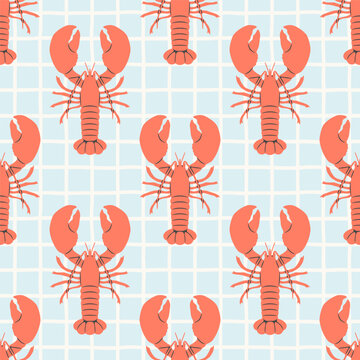 Hand drawn vintage lobster sea food seamless pattern. Marine animal background illustration with crawfish, restaurant cooking ingredient wallpaper texture print.
