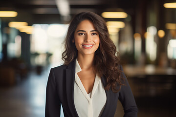 Obraz premium Smiling attractive hispanic young woman looking at the camera, business woman