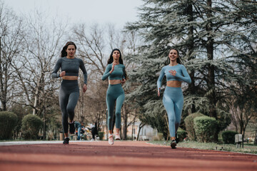 An image capturing the dynamic movement of three women running in a park, embodying strength and...