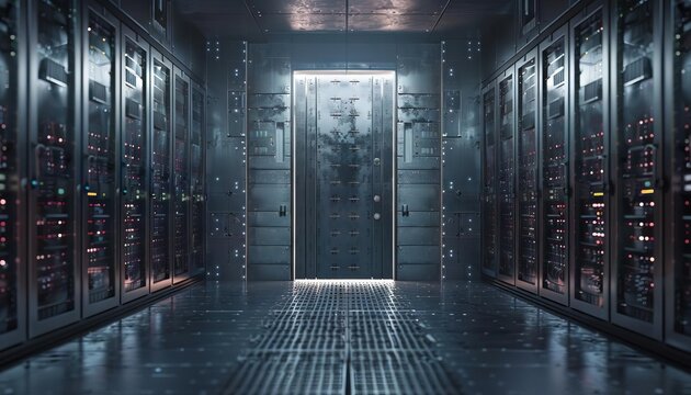 An image of a digital vault door opening to reveal rows of data servers, representing access to encrypted and protected data