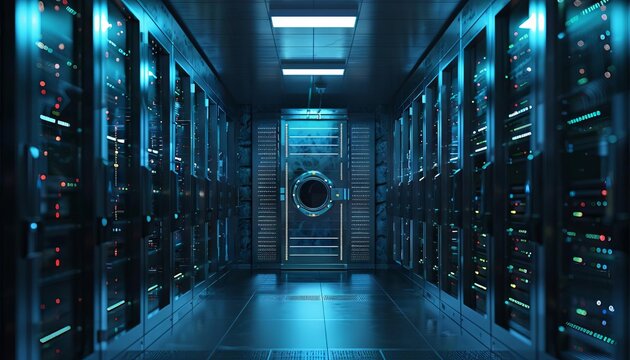 An image of a digital vault door opening to reveal rows of data servers, representing access to encrypted and protected data