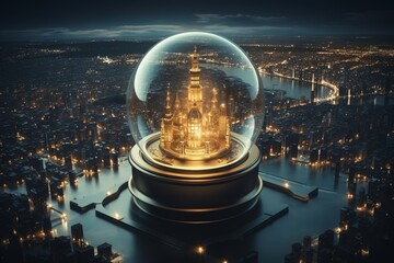 City Reflection in Crystal Globe at Twilight