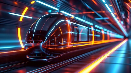 Fototapeta premium A sleek futuristic train speeds through a brightly lit tunnel adorned with neon red and blue lines, emphasizing modern transport technology.