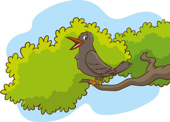 Obraz premium Crow on cartoon tree branch isolated on white background flat vector