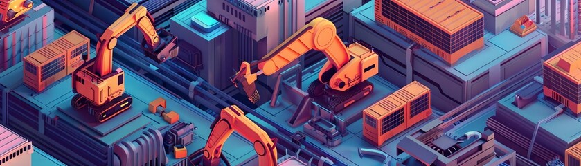 An intricate depiction of a machine learningpowered factory, where robotic arms sort through data blocks building a digital skyline