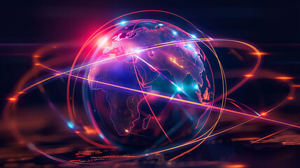 Obraz premium Dynamic 3D rendering of a glowing digital globe, illuminated by swirling neon lines, emphasizing futuristic global connectivity.