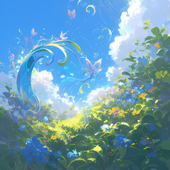 Vibrant abstract image portraying the enchantment of spring and summer with a whimsical fantasy atmosphere.