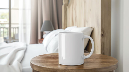 Caneca de café branca em branco em pé na mesa de cabeceira de madeira perto da cama no quarto aconchegante. Modelo de maquete de caneca de café em branco