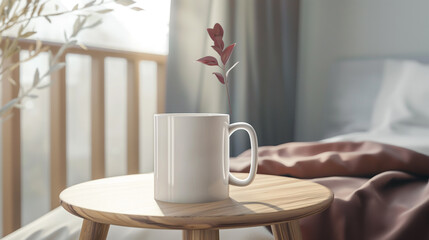 Caneca de café branca em branco em pé na mesa de cabeceira de madeira perto da cama no quarto aconchegante. Modelo de maquete de caneca de café em branco
