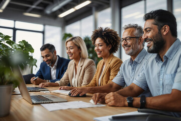 Diverse, multiracial group of people having a meeting in modern office setting. Coworkers, businessmen and businesswomen from different ethnicities and cultures. Brainstorming, diversity at work - Powered by Adobe