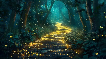 Glowing Fireflies Create a Fairy Tale Forest Path, Illuminating the Magical Enchantment of Nature