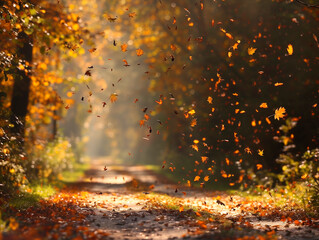 Picturesque trail through bright autumn forest. Falling leaves moved by the wind.
