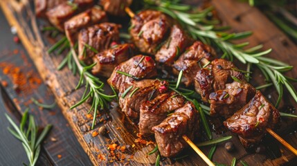 Group of meat skewers with rosemary