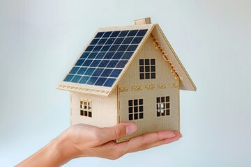 Hand holding energy efficient model house with solar panels, ecology and sustainable development Isolated on gray background concept