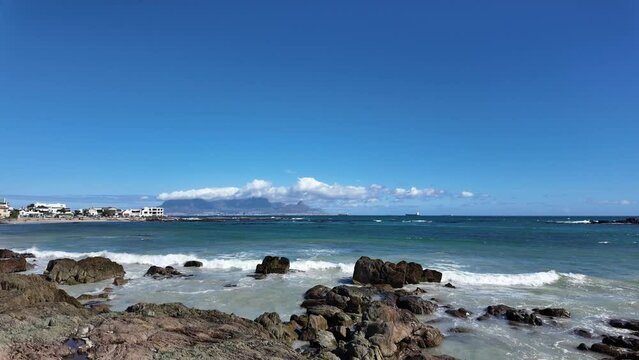 Bloubergstrand west coast South Africa.  19. 04. 2024. View of Cape Town and Table Mountain from the seaside resort of Bloubergstand   across Table Bay on the West Coast of South Africa.