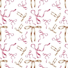Seamless pattern of vintage bows. Satin ribbons pink and beige, for printing on packaging, wallpaper, invitations, certificates, textiles, cards, parties, clothing.