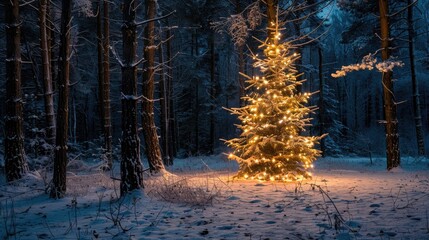 Illuminated Christmas tree in winter forest at night