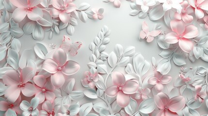 Obraz premium 3D wallpaper with a floral pattern. White and pink flowers on a white background.