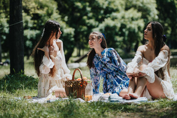 A group of three young women sit together on a picnic blanket in a sunny park, chatting and...