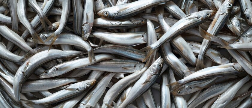 Large load of anchovy thrown on a big pile as they are being sold on the fish market. Anchovys in a fish market.