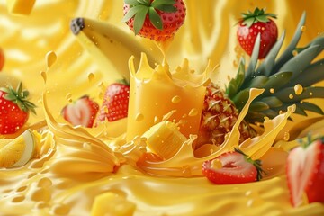 vibrant fruit juice explosion with tropical flavors of orange strawberry pineapple mango and banana 3d illustration
