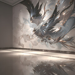 A modern art gallery showcases a striking mural on its floor-to-ceiling walls, creating an immersive visual experience.