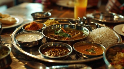 Indian traditional vegetarian thali in restaurant