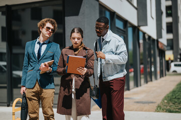 Young business team with a clipboard analyzing documents outside modern office buildings in the...