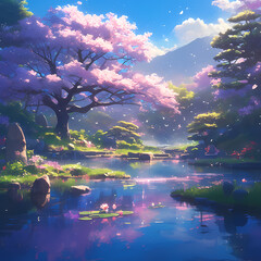 Tranquil Zen Landscape with Waterfall and Cherry Blossoms in Pastel Pink Light