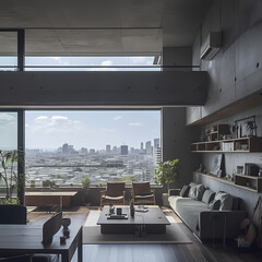 A stylish and contemporary living room showcases a breathtaking panorama of a bustling city skyline.