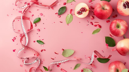weight loss banner concept with fresh apples and measuring tape on pink background, with copy space for text