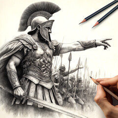 Obraz premium A warrior in full armor commands his troops with his arm outstretched. The detailed armor, helmet and soldiers convey an image of power and strategic leadership.