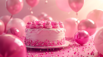 Birthday poster with pink tone, big cake in the middle, balloons and runway around cake