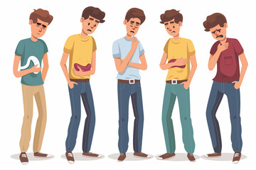 Obraz premium Five Illustrated Men Experiencing Different Stages of Stomach Pain