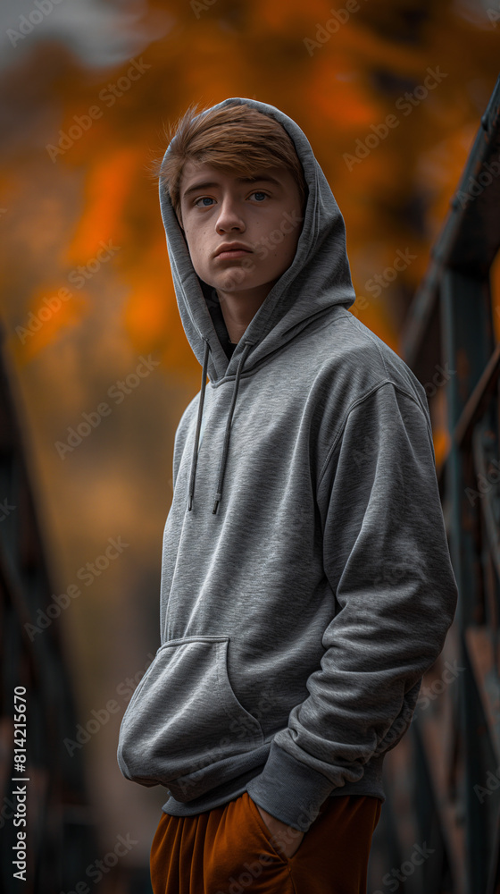 Wall mural urban portrait of a boy with ginger hair and a grey hoody standing in the streets