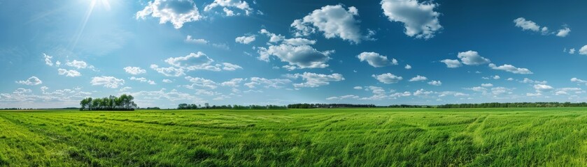 Obraz premium The image shows a beautiful green field with a blue sky and white clouds. The field is covered in tall grass.