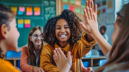 Fototapeta premium Group of Girls Giving High Fives in Classroom