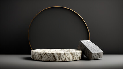 Luxurious stone podium on black backdrop elegantly showcases products. Generative Ai