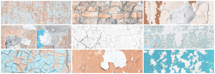 Set of panoramic background textures. Collection of wide textures with peeling paint, cracks, rust, stone and concrete walls. Faded rough surfaces of old walls. Bundle of light backgrounds for design.