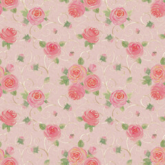 Watercolor roses flowers. Beautiful floral seamless pattern.