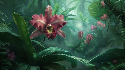 Sketch a closeup of a rare orchid in a tropical rainforest, with a backdrop discussing its role in the ecosystems balance
