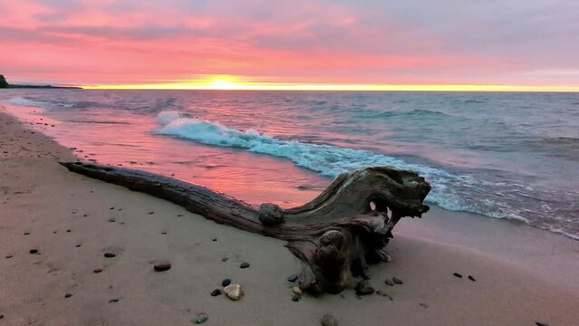 Driftwood and sandy beach at sunset in northern Michigan