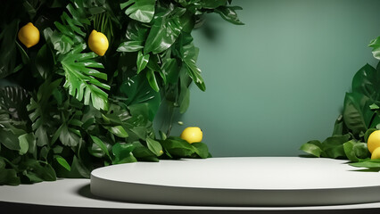 Stage podium adorned with green leaves and lemons evokes refreshing, vibrant ambiance. Generative Ai