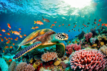 Green sea turtle on coral reef. Underwater photo of marine life